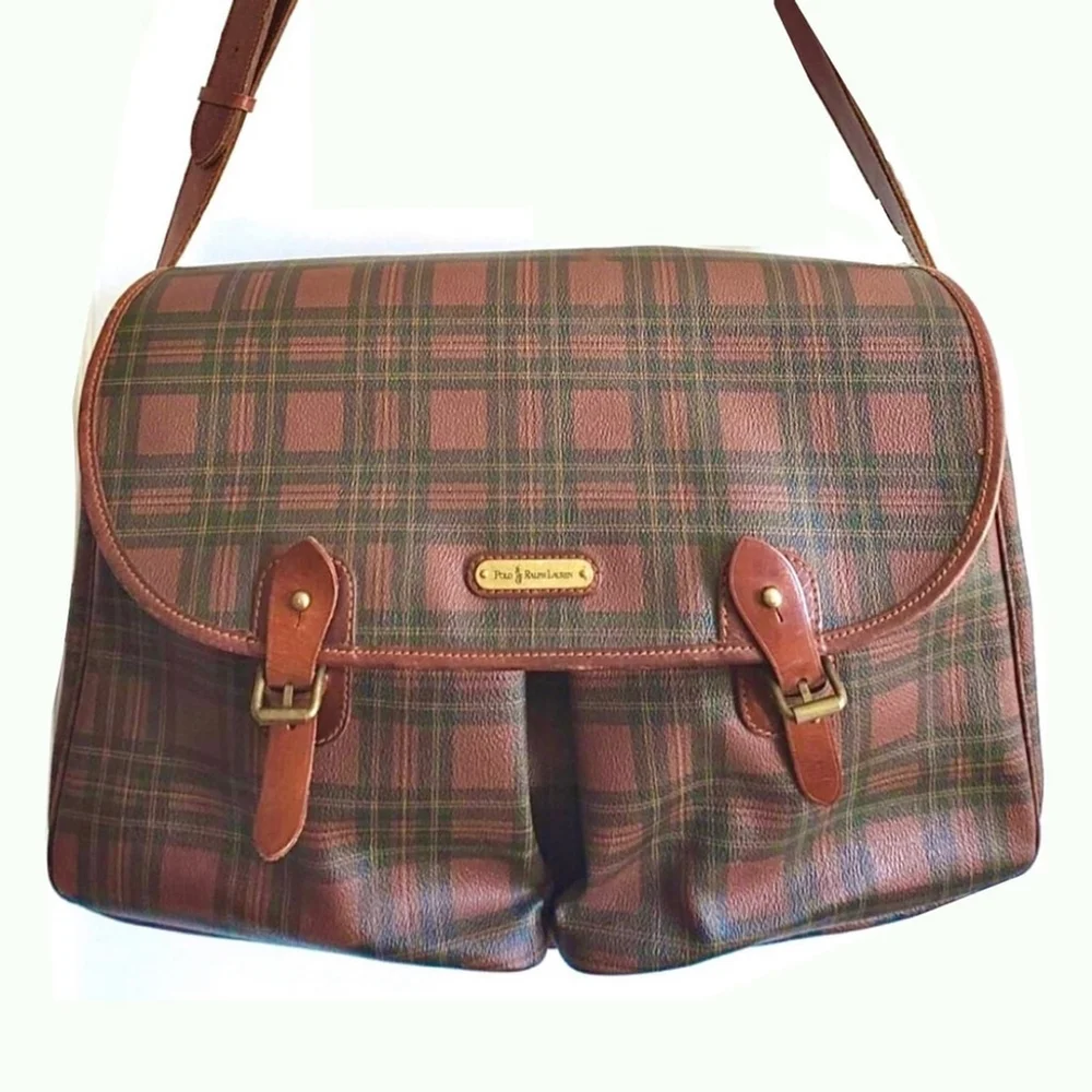 RALPH LAUREN Brown Green Tartan Plaid Crossbody Messenger Laptop Briefcase Bag